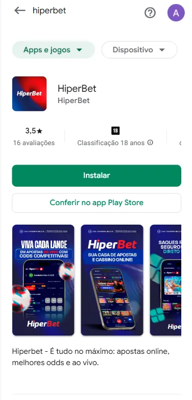 Hiperbet app disponível para download na Play Store