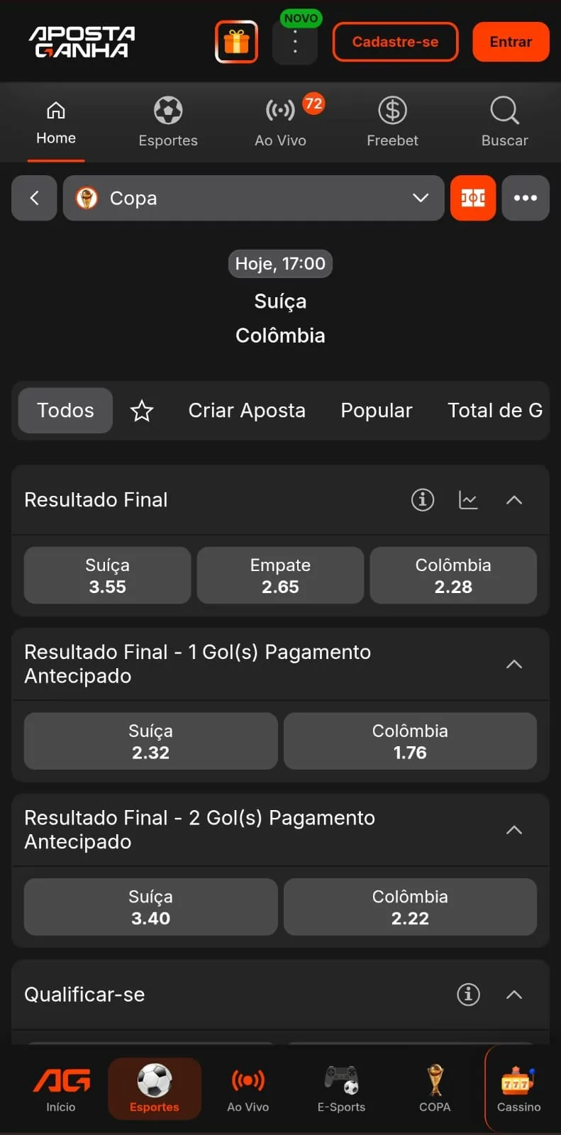 Captura de imagem da partida entre Suíça x Colômbia pela Copa do Mundo na Aposta Ganha, com destaque para as opções de Pagamento Antecipado com +1 e +2 gols
Data: 07/07/2026