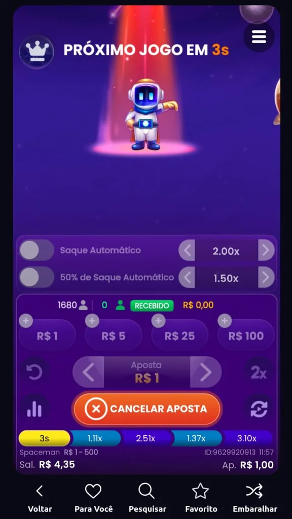 Jogo Spaceman com aposta confirmada de R$ 1 aguardando a próxima rodada.