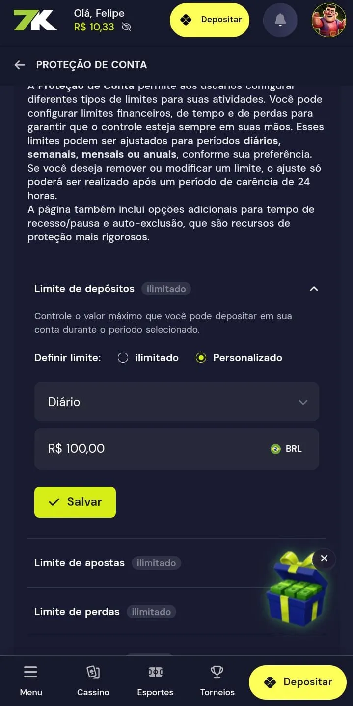 Ferramentas de proteção da conta da Bet7k, com limite de depósitos configurado a R$ 100 por dia
