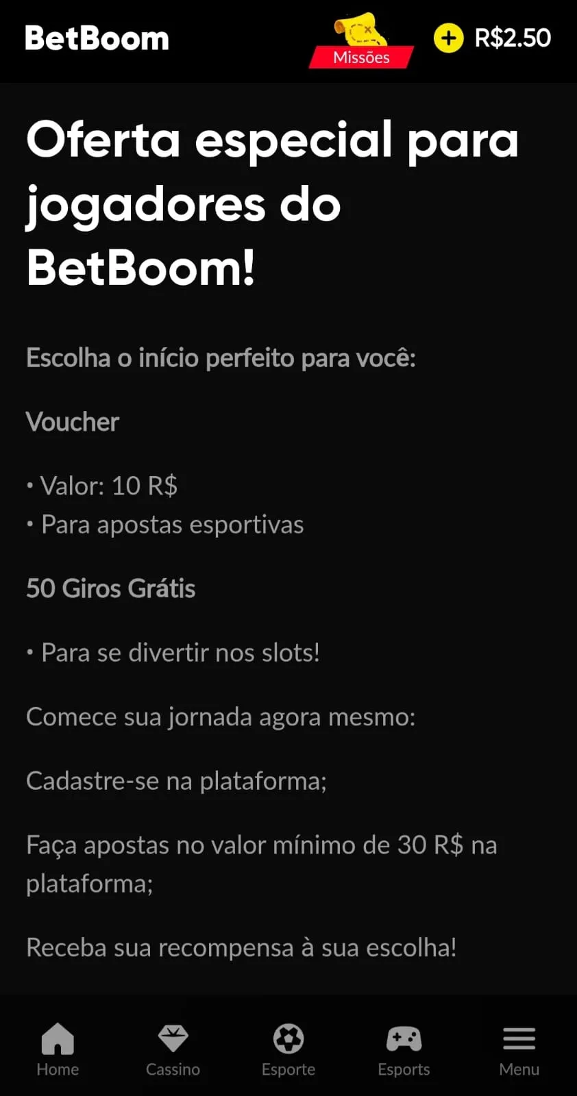 Oferta especial para jogadores da Betboom com recompensa em voucher ou giros grátis.