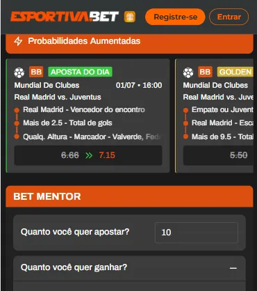 Probabilidades aumentadas na EsportivaBet em mercados combinados, além de função bet mentor.