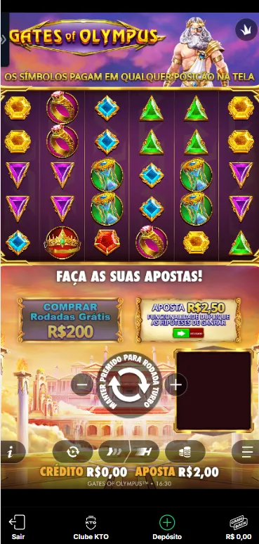 Gates of Olympus na KTO com aposta mínima de R$2