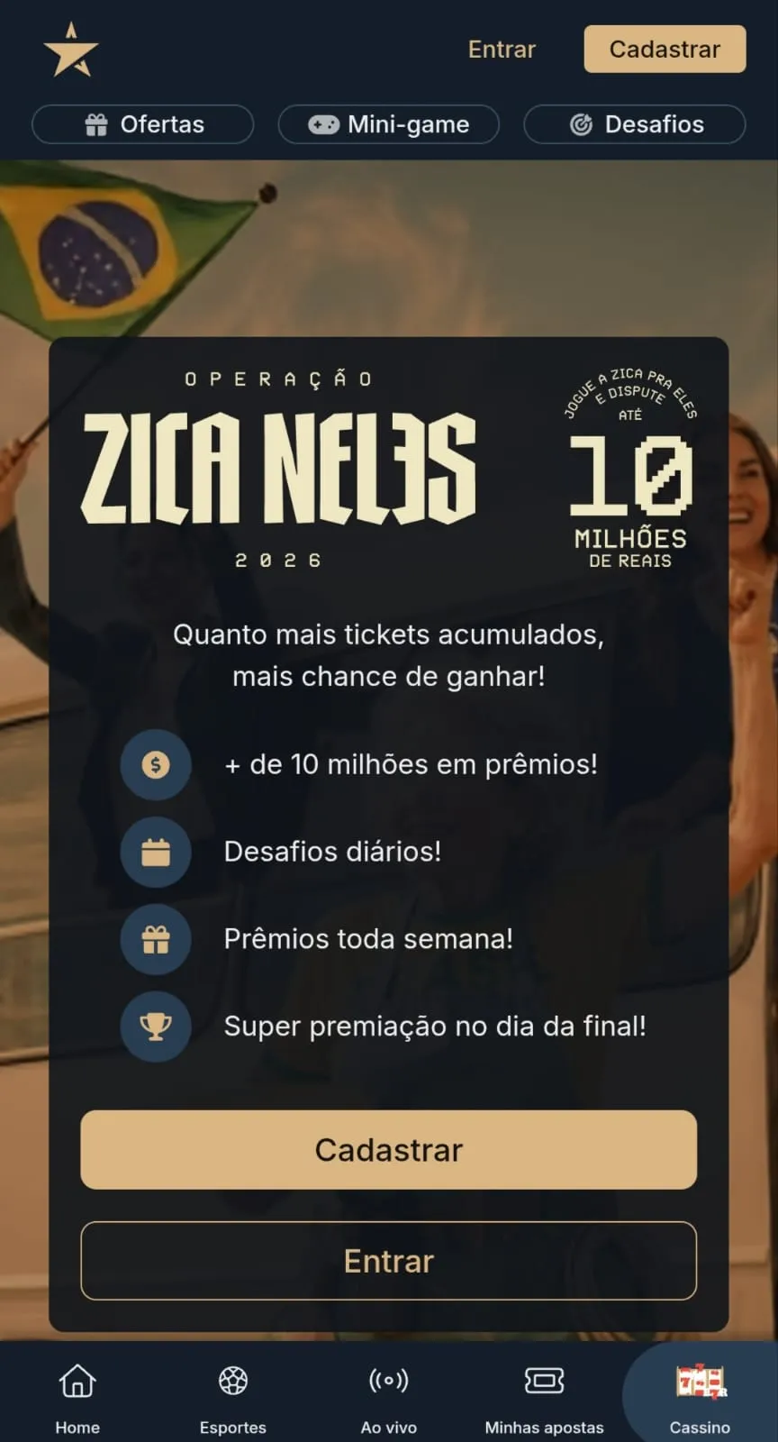 Operação Zica Neles da Estrelabet com desafios diários e premiações de mais de R$ 10 milhões durante Copa do Mundo.