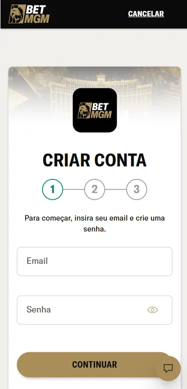  Tela de cadastro da BetMGM com criação de conta em etapas e formulário de email e senha
