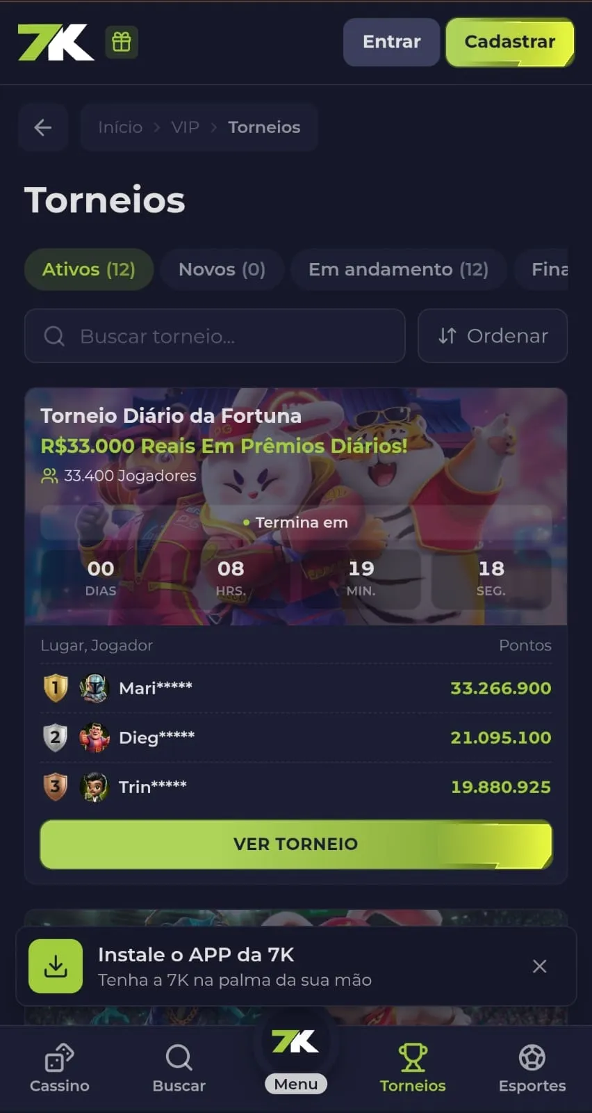 Página de torneios da 7k, com campanhas em andamento.
