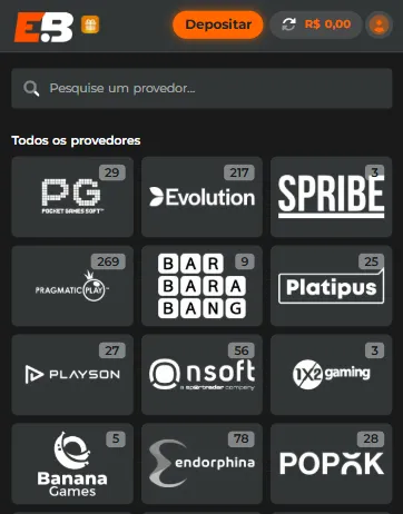 Lista de provedores de jogos da Esportivabet, incluindo PG Soft, Evolution, Spribe e Pragmatic Play