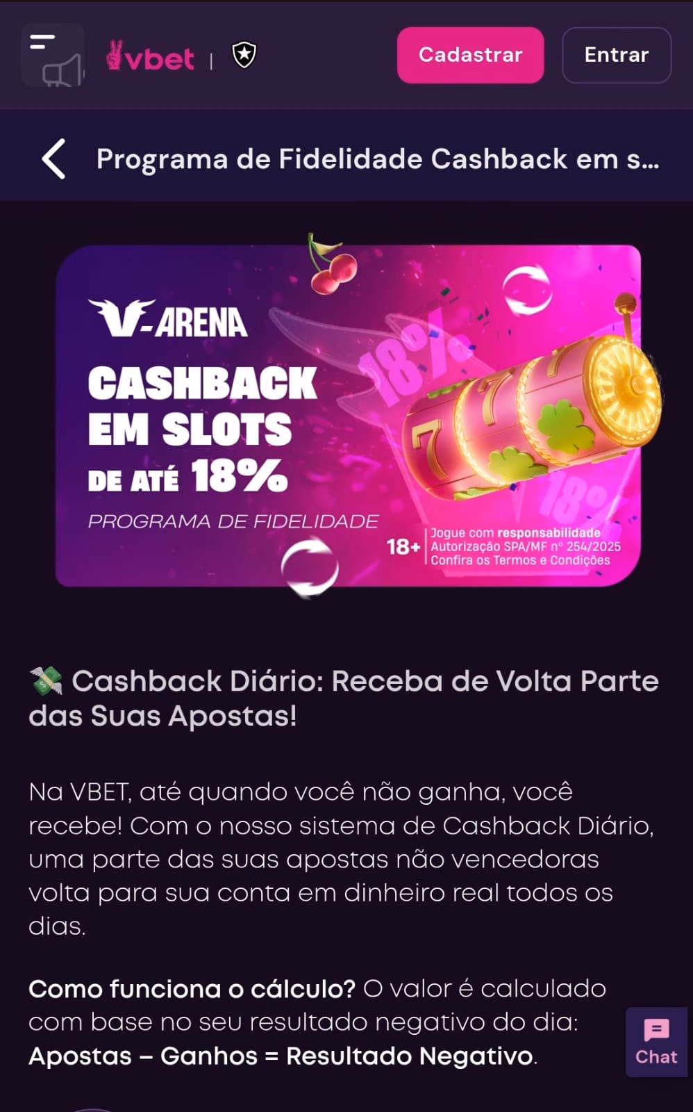 captura de tela da oferta de cashback até 18% no programa de fidelidade da vbet, disponível para o slot Pinata Wins
Data do print: 11/05/26