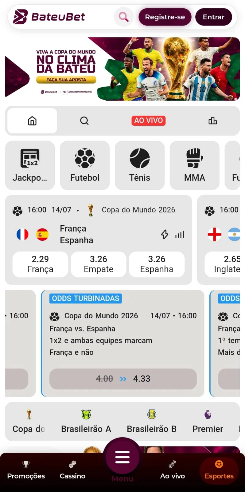 Odds do jogo Argentina x Áustria e de outros eventos de futebol na seção de esportes e com odds turbinadas da BateuBet