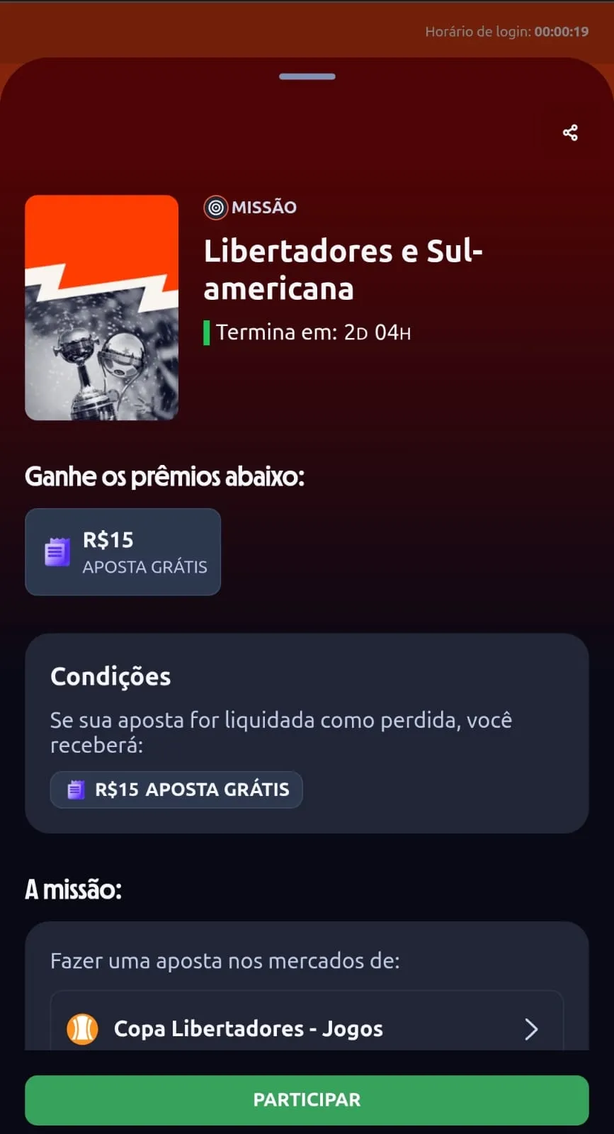 Missão Libertadores e Sul-americana com aposta grátis de R$ 15 como recompensa