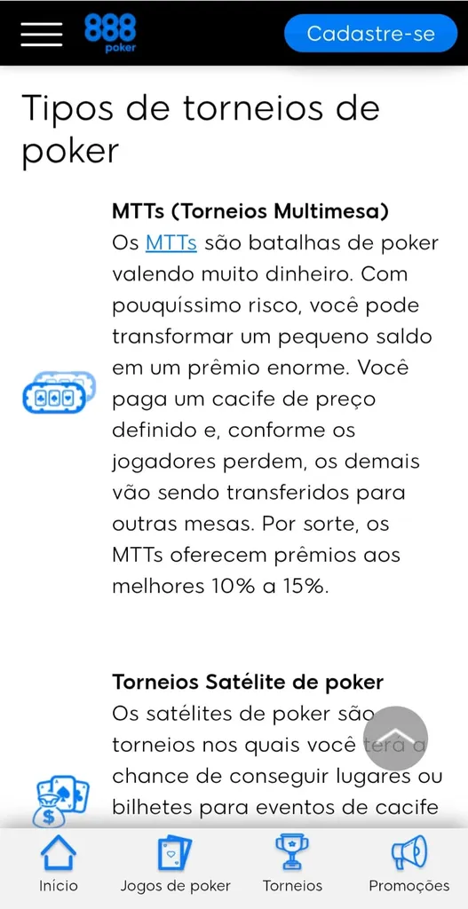 Tipos de torneios de poker online na 888poker com MTTs e torneios satelite e como jogar.