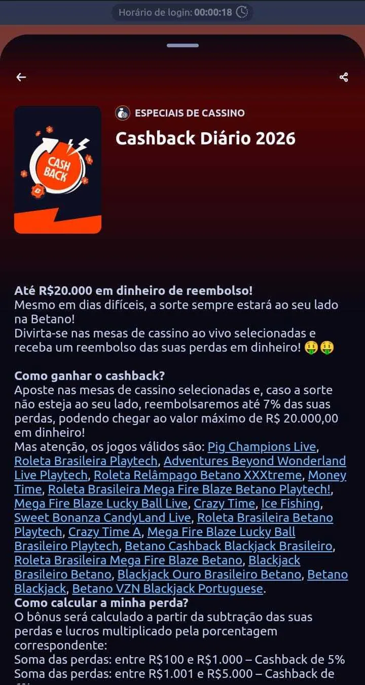 Cashback diário 2026 da Betano, com texto informando que a oferta dá um reebolso de até R$ 20 mil para jogos selecionados