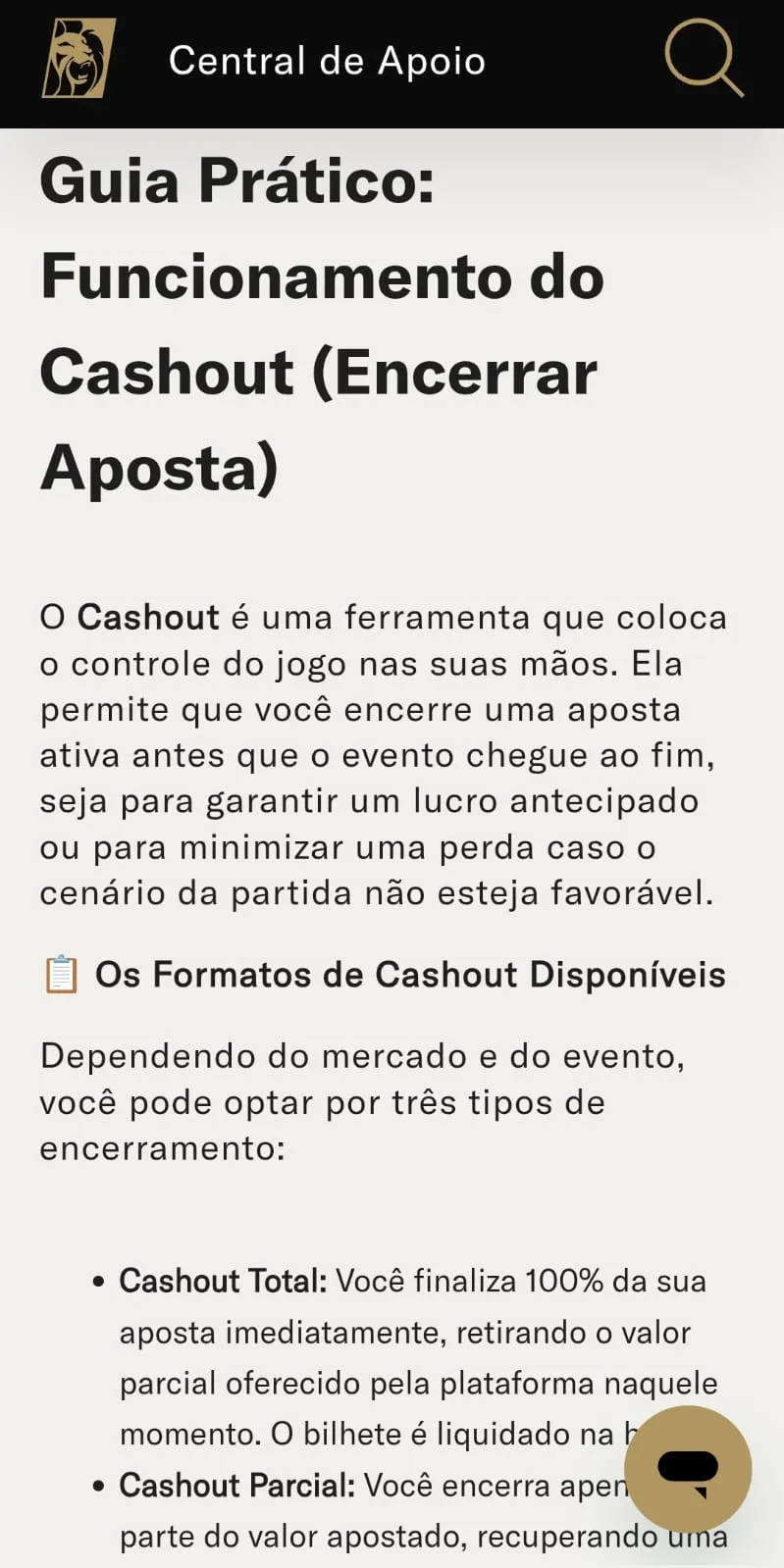 Print do guia prático de funcionamento do Cash Out na BetMGM na central de ajuda