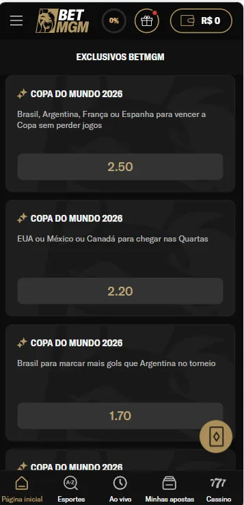 Mercados exclusivos na BetMGM como Brasil para marcar mais gols que a Argentina no torneio