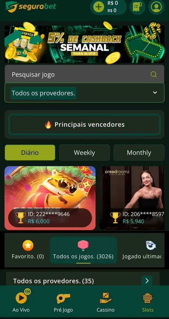 Segurobet cassino com filtro de busca de jogos através de todos os provedores e os principais vencedores de jogos no dia.