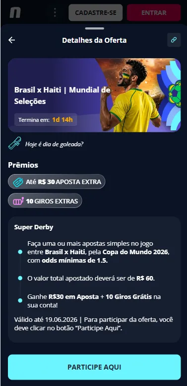 Promoção Brasil x Haiti | Mundial de Seleções com R$30 em aposta extra e 10 giros grátis na Novibet