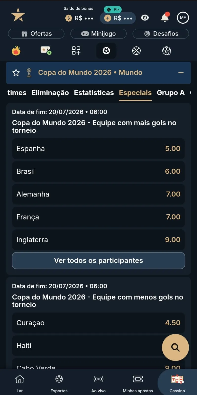 Captura de tela da seção de mercados especiais da Copa do Mundo 2026 na Estrela Bet, com destaque para as odds das seleções favoritas.