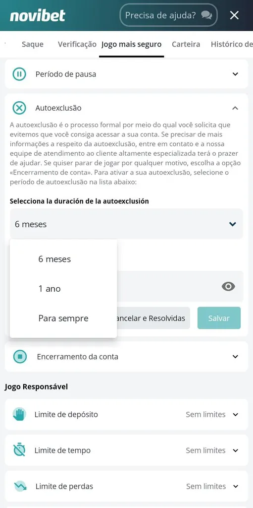 Área de jogo responsável da Novibet com opções de autoexclusão por 6 meses, 1 ano e para sempre.