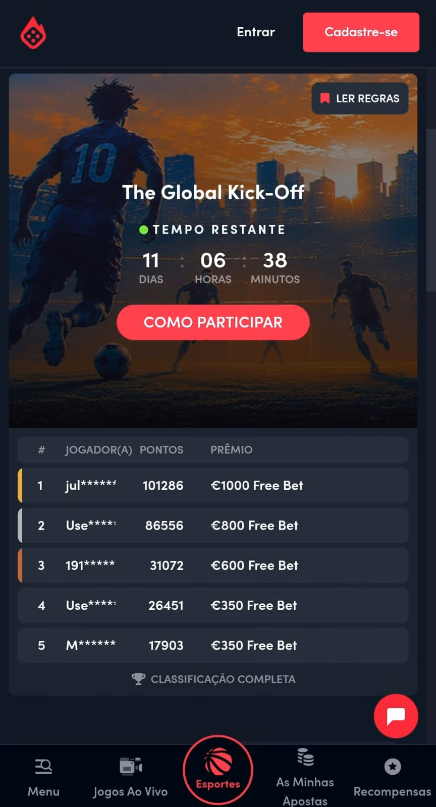 Print do Torneio da Copa da Blaze, destacando o banner promocional e a tabela de classificação com os prémios em freebet para os melhores colocados.