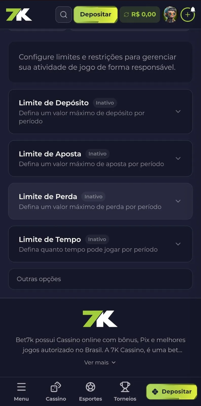 Captura de tela da área de proteções na 7K, com destaque para limites de depósito, aposta, perda e de tempo.