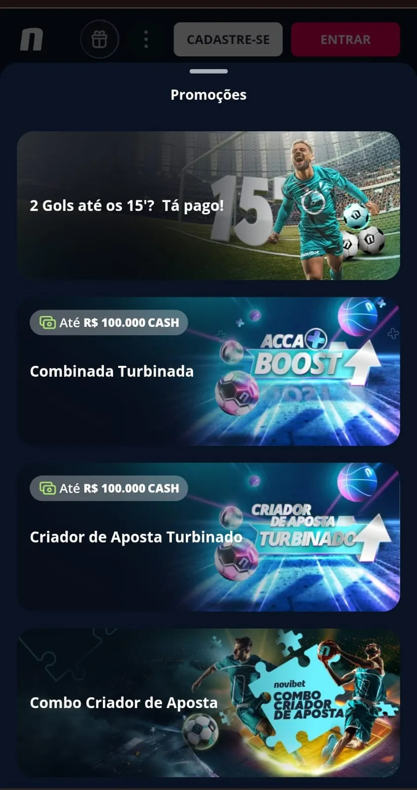 Seção de promoções da Novibet com destaque para Combo Criador de apostas, Pagamento Antecipado e Combinada Turbinada
