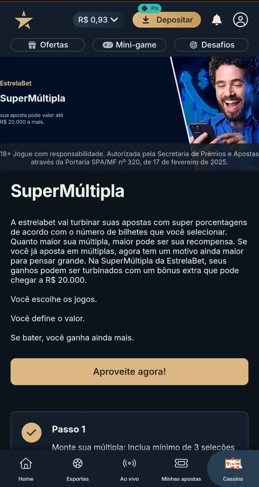 Oferta de SuperMúltipla da Estrelabet com bônus de até R$ 20.000 extras nas apostas combinadas.