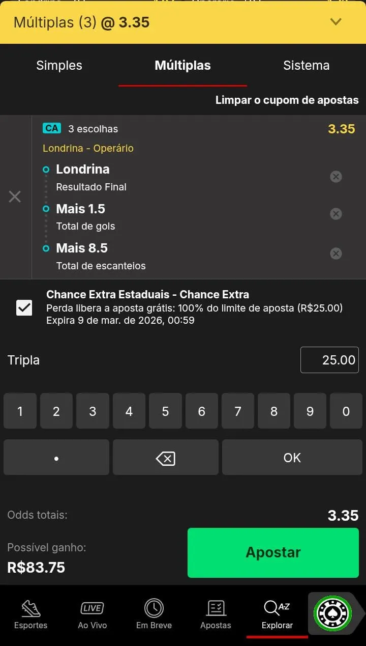 Boletim de apostas múltiplas com aposta na vitória do Londrina, em mais de 1.5 gols e mais de 8.5 escanteios na KTO