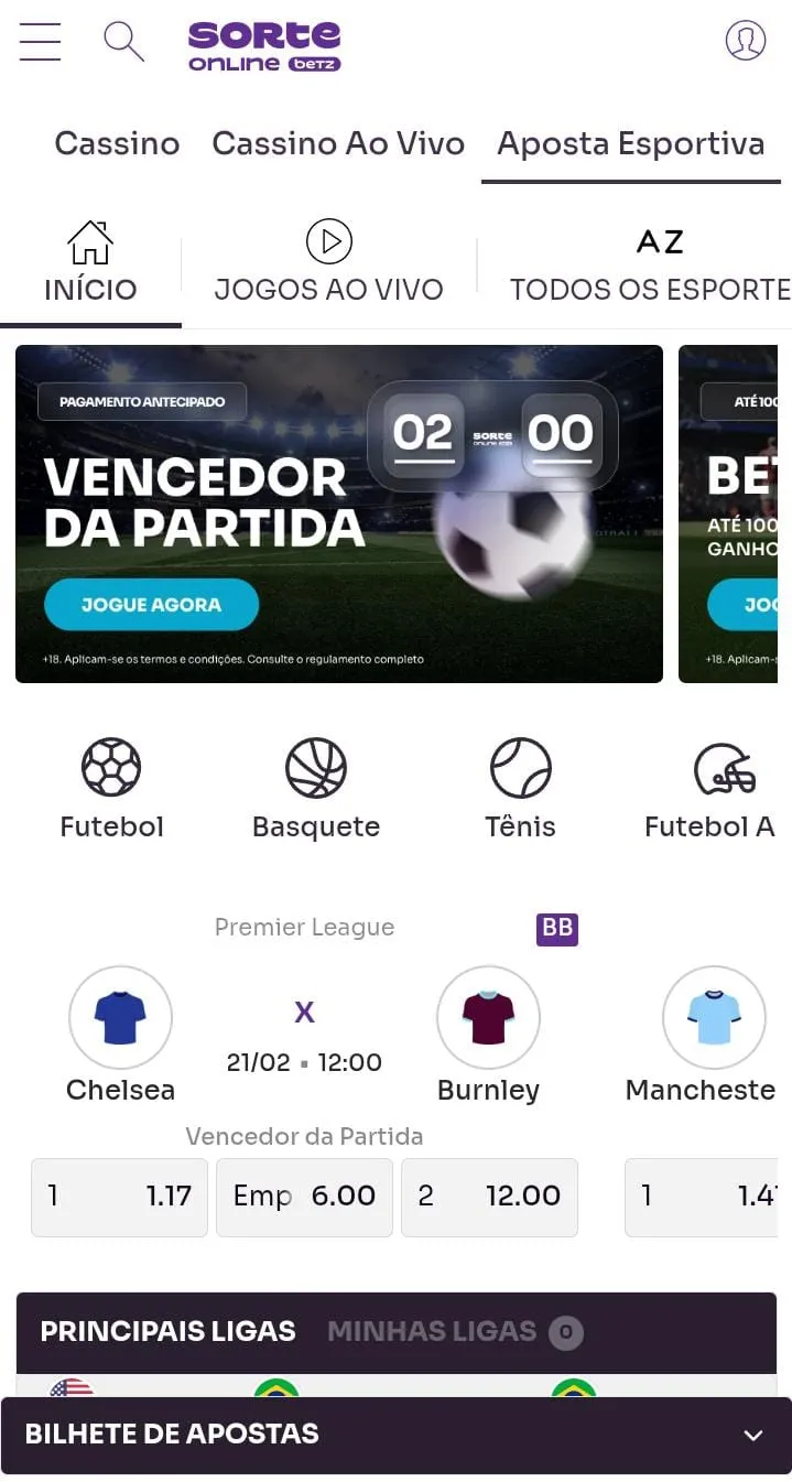 Odds de evento da Premier League banner da oferta de pagamento antecipado da Sorte Online Betz