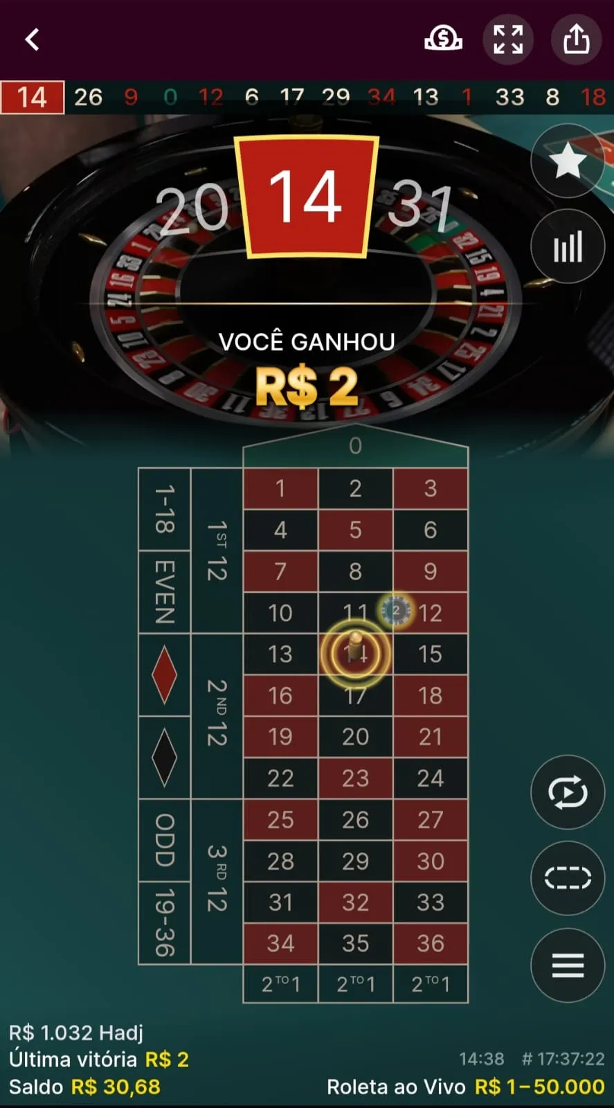 Bolinha no vermelho e ganho de R$2 para aposta de R$1 na roleta online.