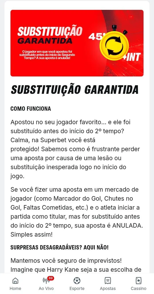 Oferta Substituição Garantida da Superbet, com banner mais texto explicativo sobre como funciona a promoção