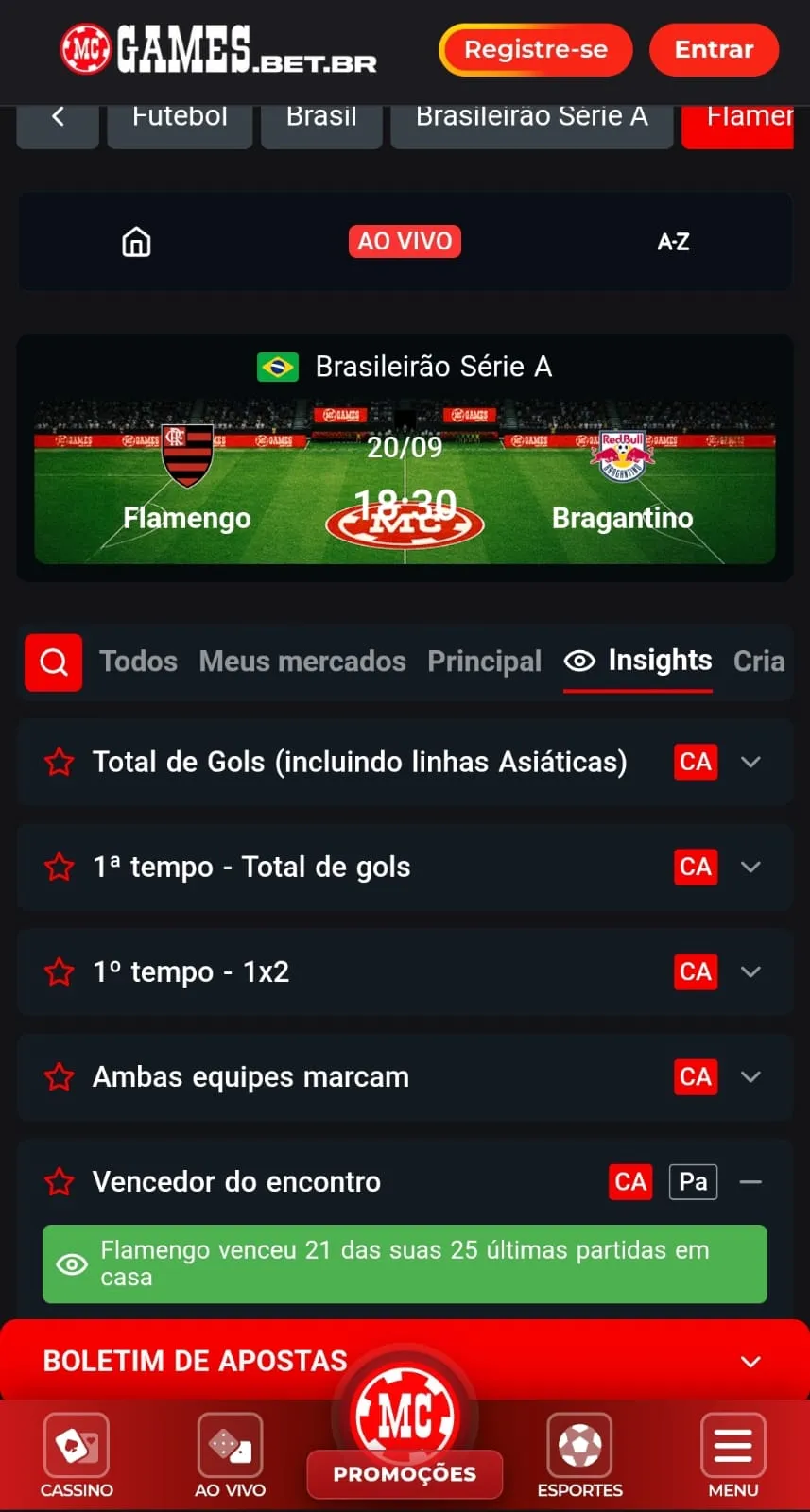 Painel de insights da MC Games, com estatísticas mara mercados de 1x2, Total de gols e outras opções.