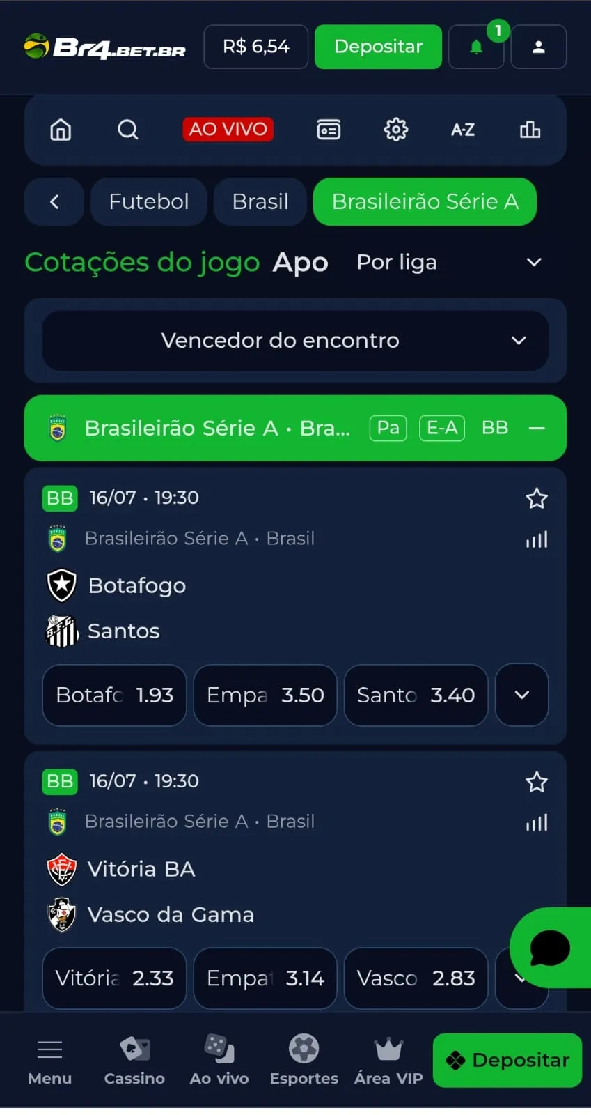 Página de apostas no Brasileirão 2026 na BR4Bet, com jogos marcados para julho.