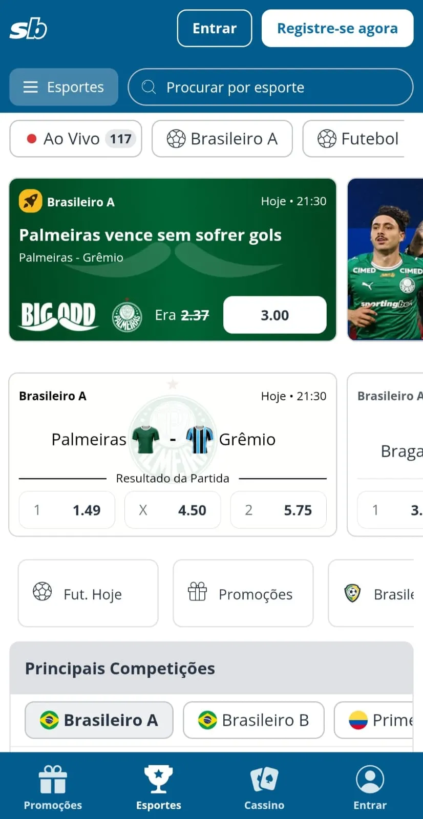 App Sportingbet com mercado para jogo Palmeiras x Grêmio e atalhos paraoutros jogos e promoções.