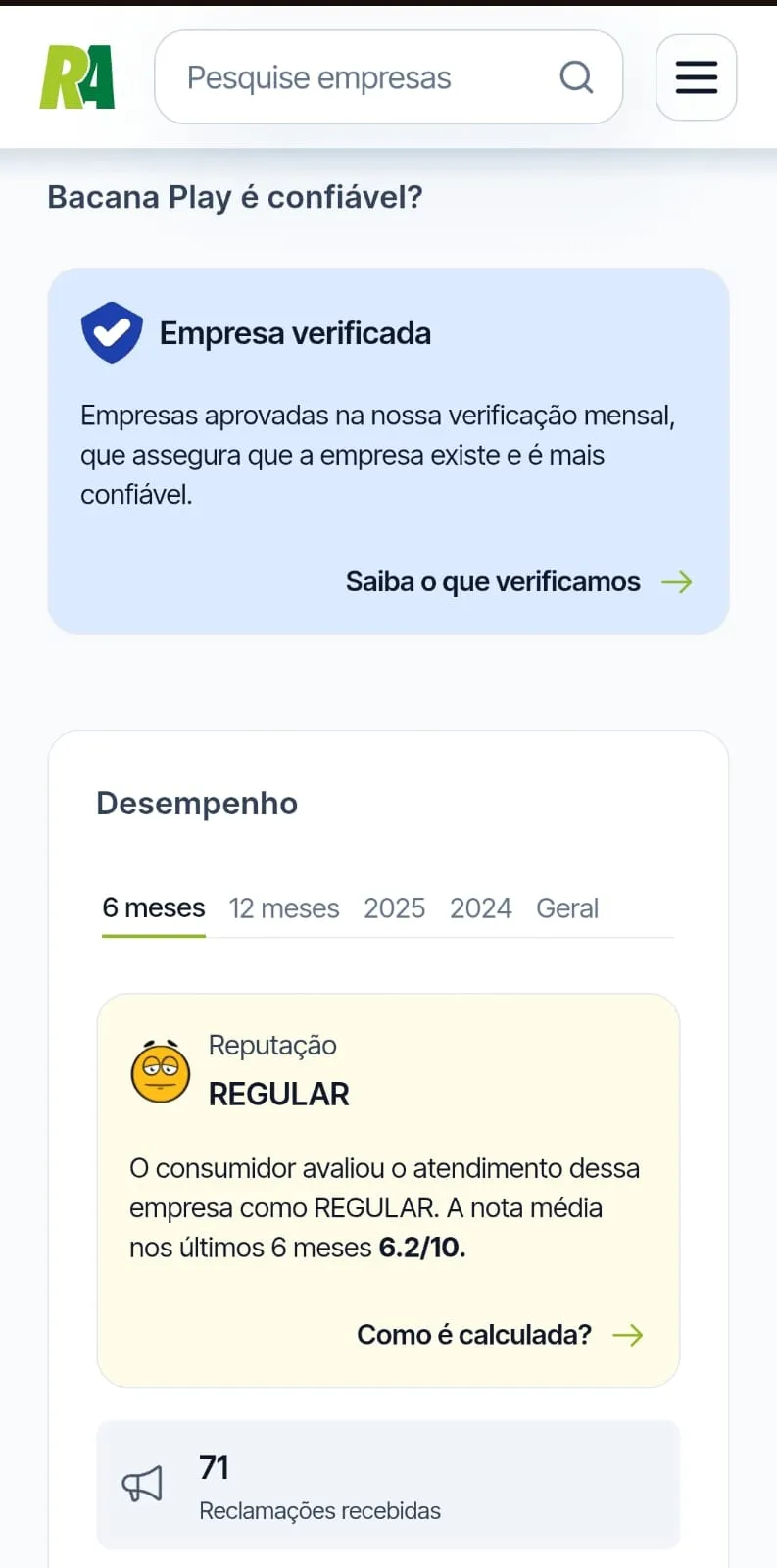 BacanaPlay no Reclame Aqui com nota 6.2/10 indicando que o cassino português tem reputação regular 