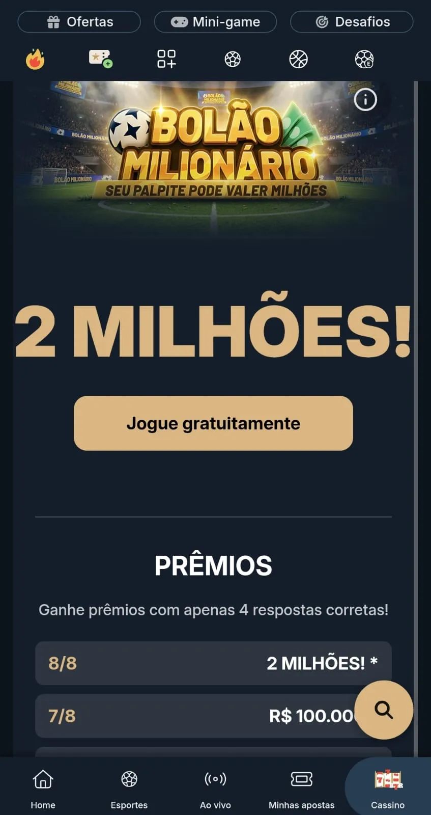 Oferta gratuita Bolão Milionário da Estrelabet com placares ajustados em jogos da Copa do Mundo