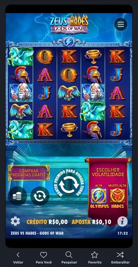 Slot Zeus vs Hades com aposta de R$0,10 ajustada para jogar.