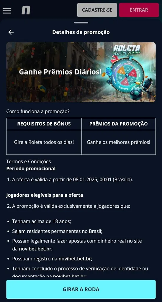 Oferta Roleta Premiada da Novibet com período promocional, requisitos de bônus e botão para girar a roda.