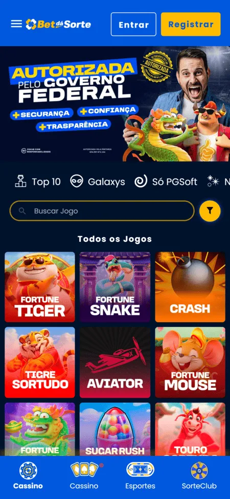 Banner informando que a BetdáSorte é autorizada e exibição de 9 jogos do cassino, Fortune Tiger e Fortune Snake