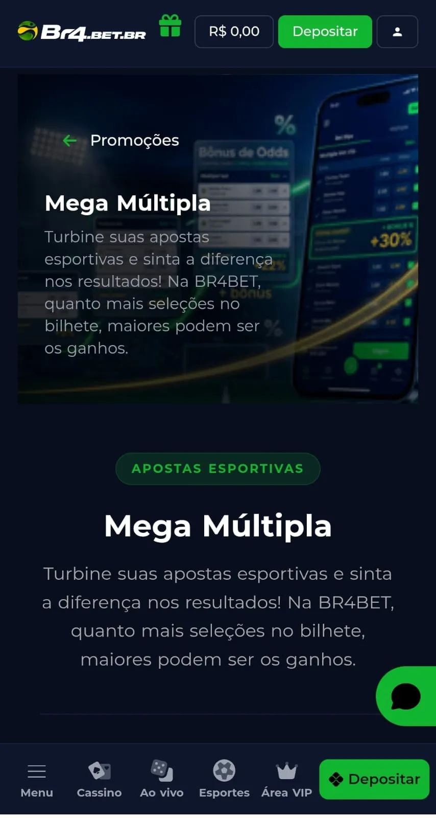 Print da página promocional da oferta de Mega Múltipla da Br4bet, com até 100% de bônus para apostas múltiplas.