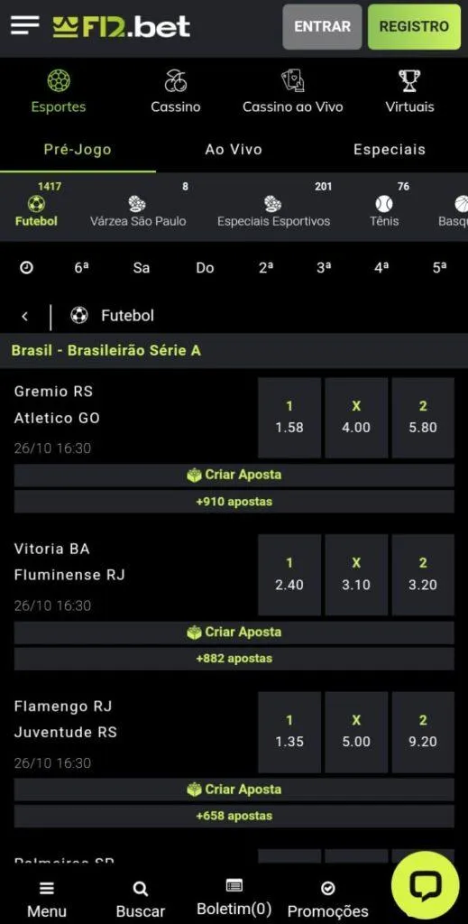 Captura de tela da F12.Bet com os jogos de futebol