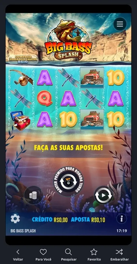 Big Bass Splash com aposta de R$0,10 definida para o próximo giro.