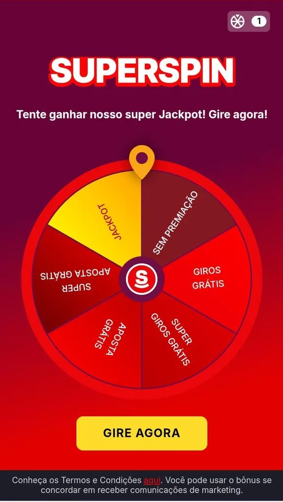 Oferta Superspin da Superbet com roda de prêmios, incluindo jackpot, giros grátis, aposta grátis e espaço sem prêmio.