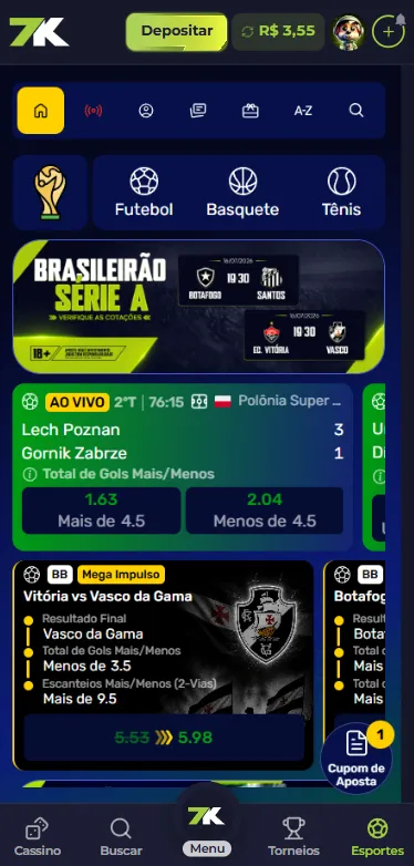 Seção de esportes na Bet7K com banner para aposta com Mega Impulso na partida Vitória x Vasco