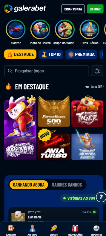 Cassino na Galera Bet com Fortune Rabbit e jogos em destaque