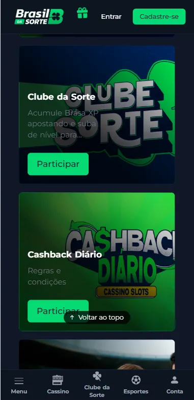 Página da promoções da Brasil da Sorte com cashback diário e Clube da Sorte