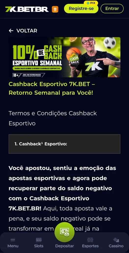 Oferta de cashback semanal de até 10% da Bet7k com foto do embaixador Neto