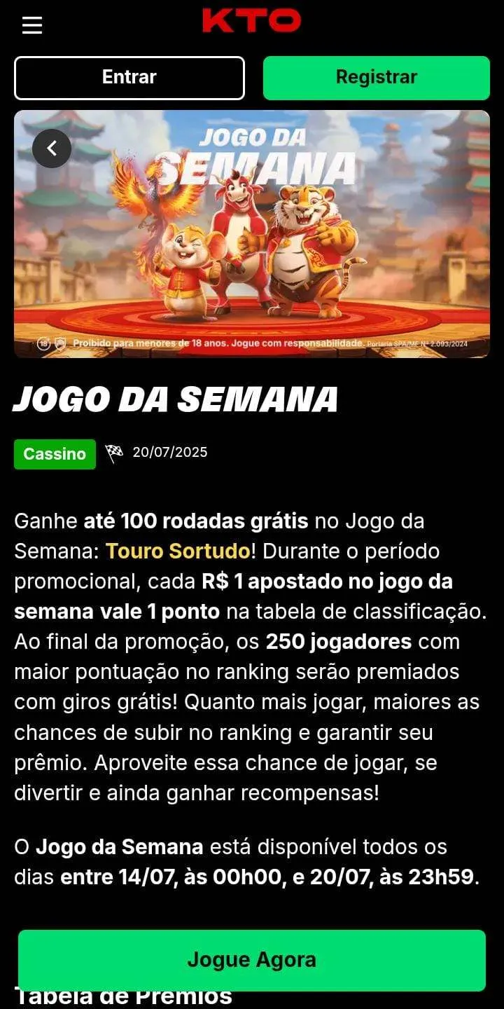 Bônus do jogo da semana na KTO com até 100 rodadas grátis de recompensa e botão de ativação