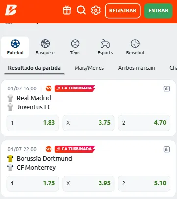 SuperOdds na Betano no mercado resultado da partida em Real x Juventus e Dortmund x Monterrey.