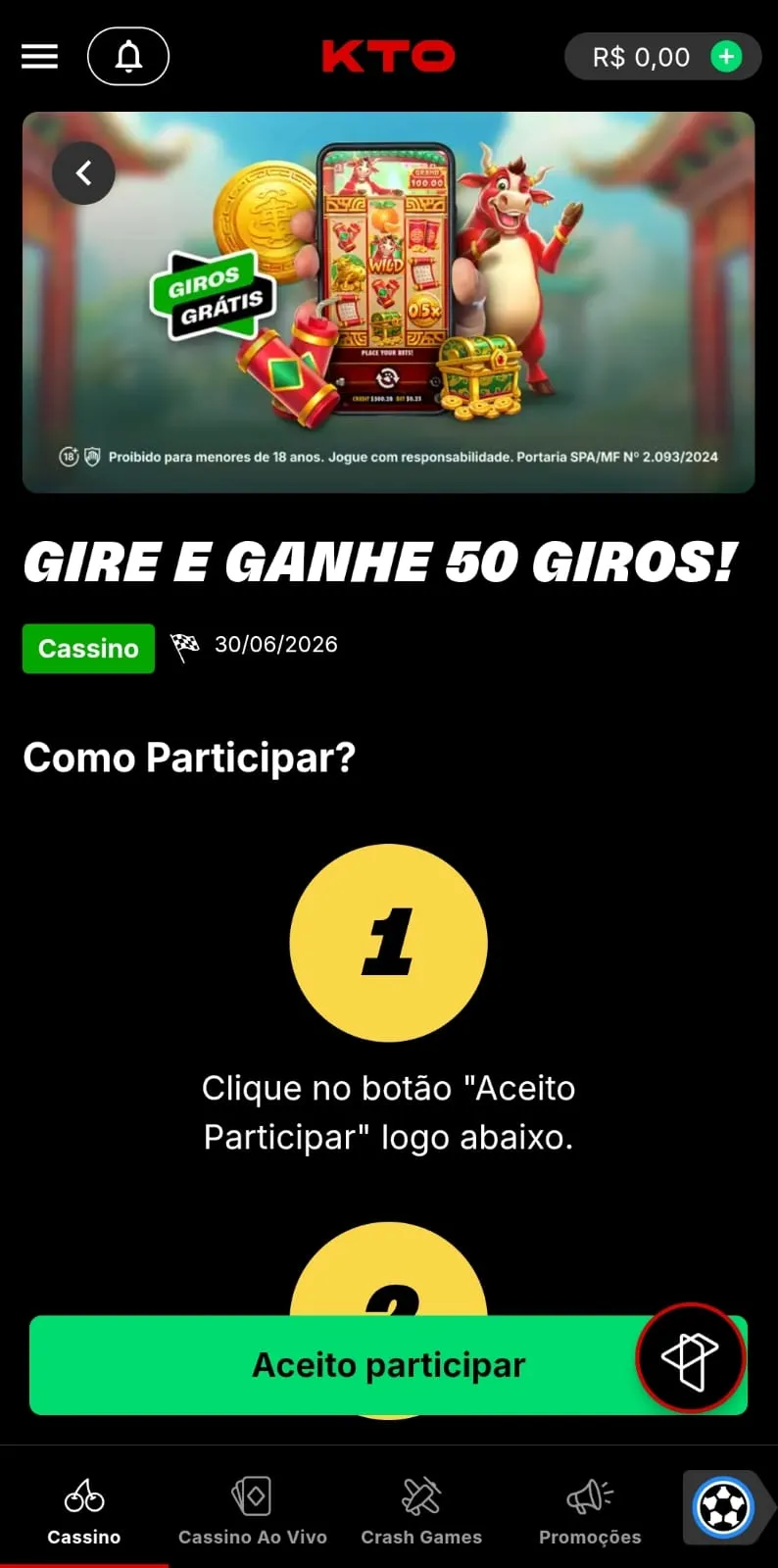 Promoção Gire e Ganhe 50 Giros Grátis na KTO para o Touro Sortudo da Pragmatic Play.