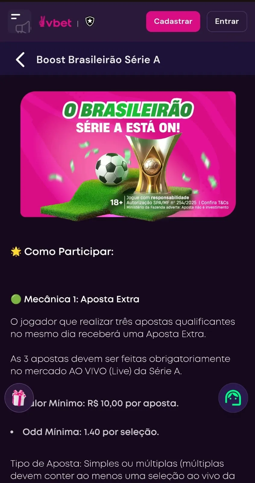 Oferta de Boost Brasileirão Série A na Vbet com apostas grátis de 25% e 10% de ganhos aumentados.